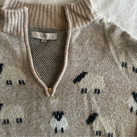 Cozy Tan Sheep Pattern Wool-Blend Half-Zip Sweater LOFT - Picture 4 of 6
